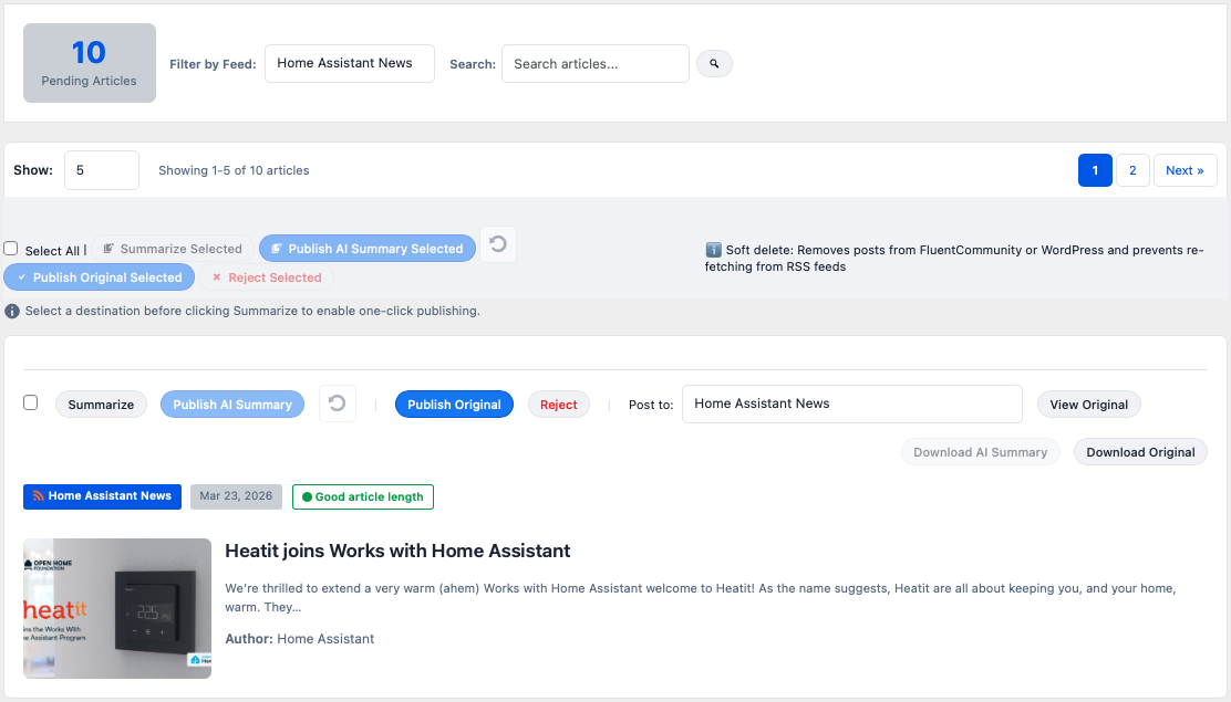 Article browser with summarize actions