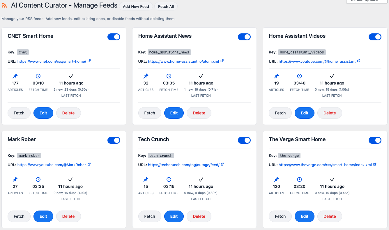 Manage RSS feeds with fetch status
