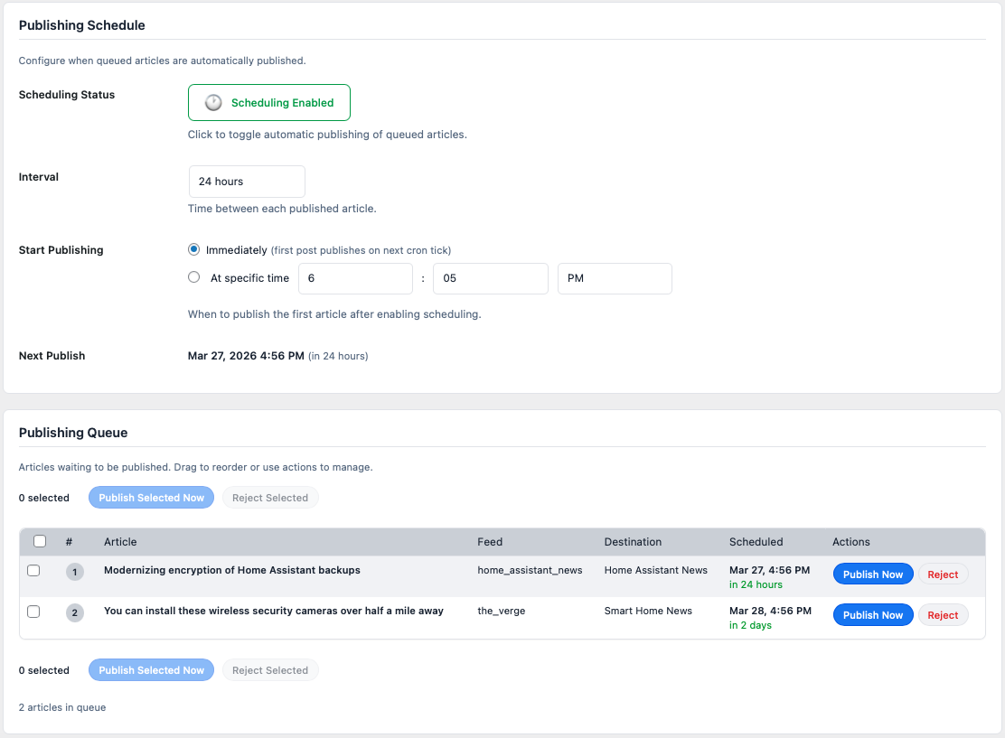 Publishing schedule and approval queue