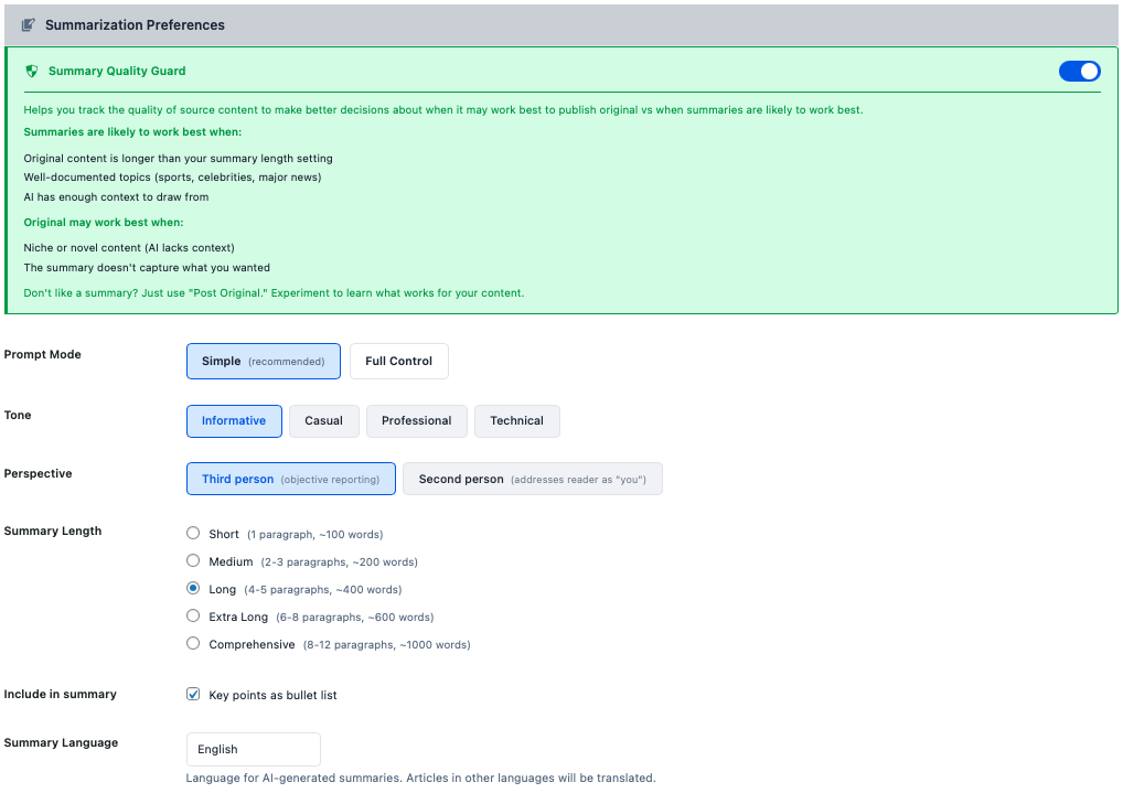 Summarization preferences and quality guard
