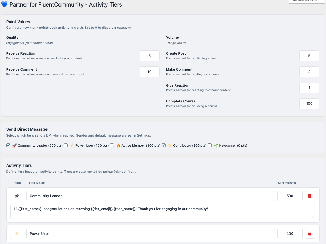 Activity tier configuration with point values