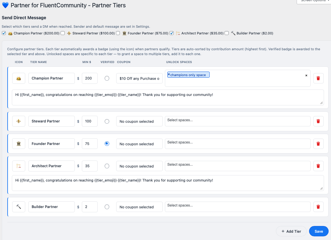 Partner tier configuration with DM templates