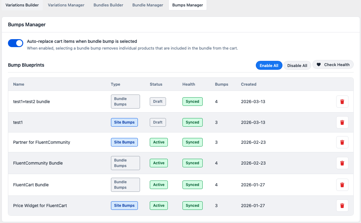 Bumps Manager with site and bundle bumps
