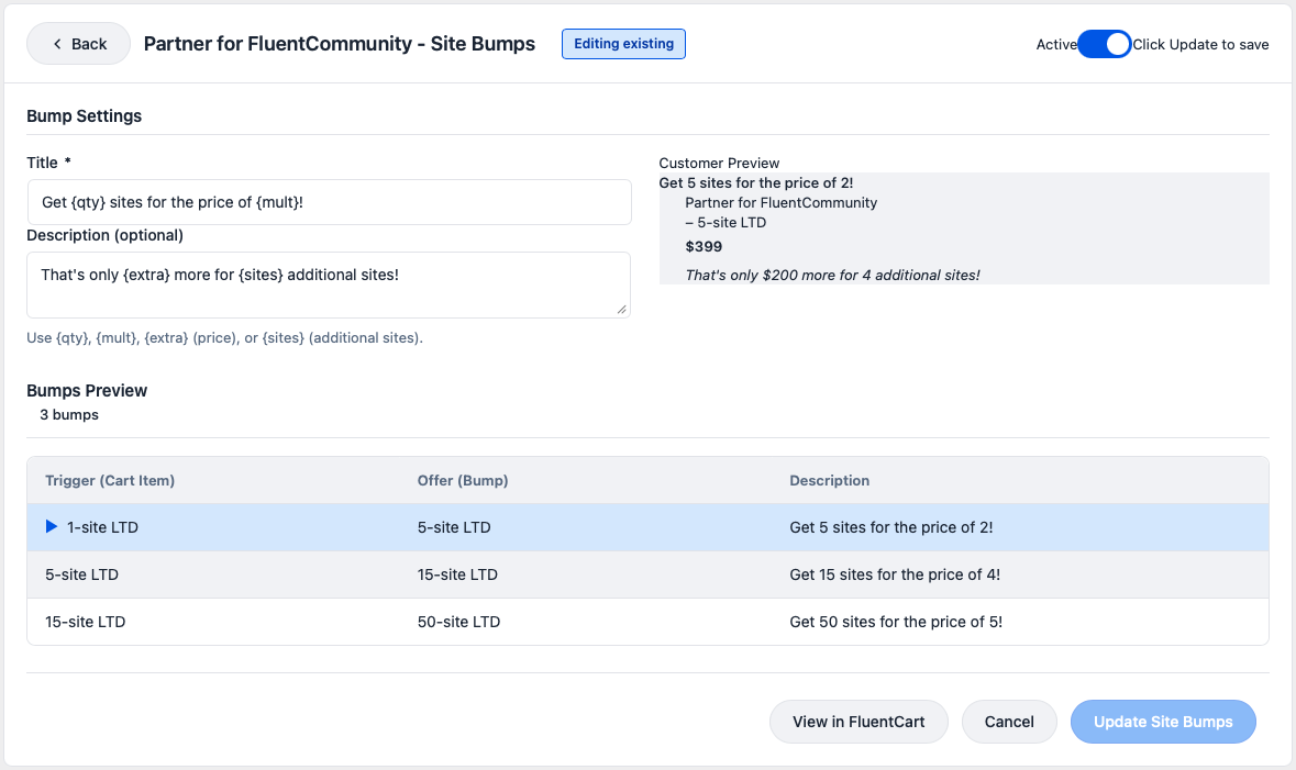 Site Bumps editor with tier pricing preview