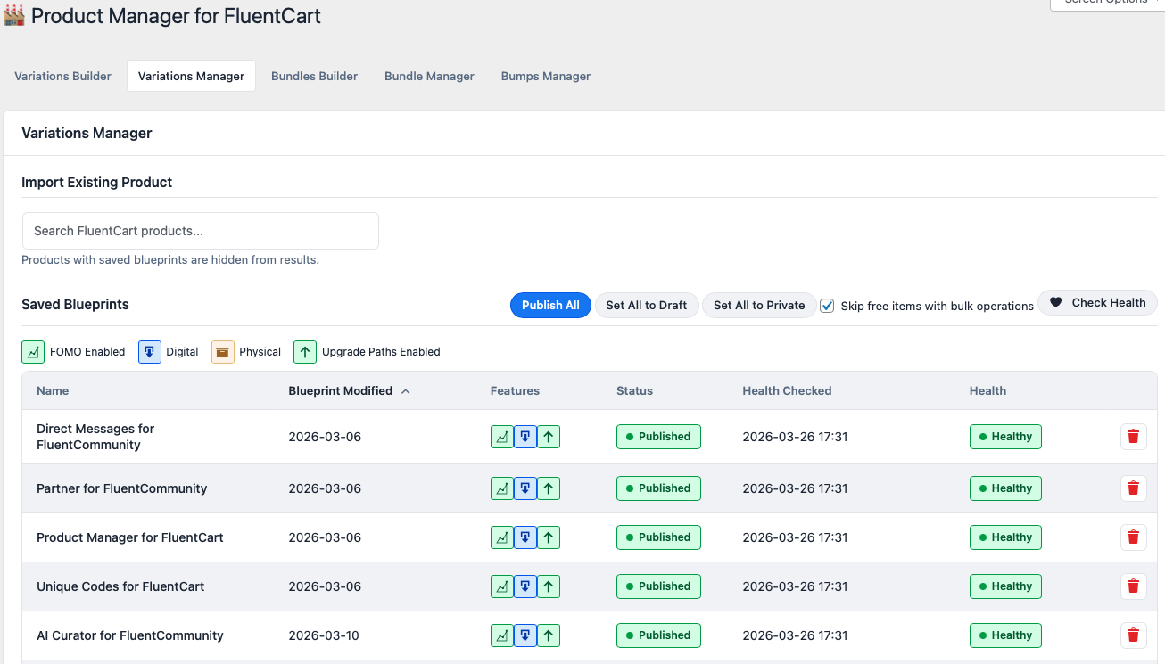 Variations Manager with blueprint status