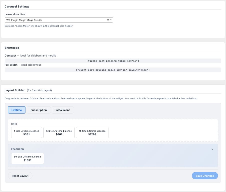 Carousel and shortcode settings