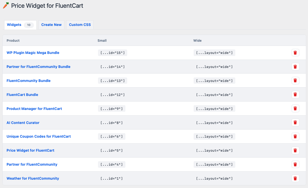 Widget list showing all products