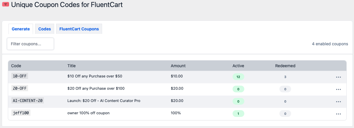 Coupon codes list with status tracking