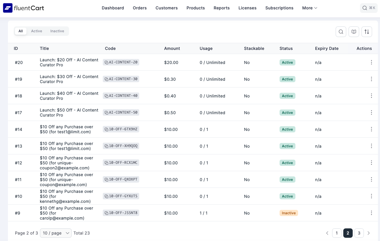 Generated coupons in FluentCart admin