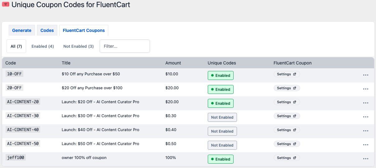 FluentCart coupons with unique code counts
